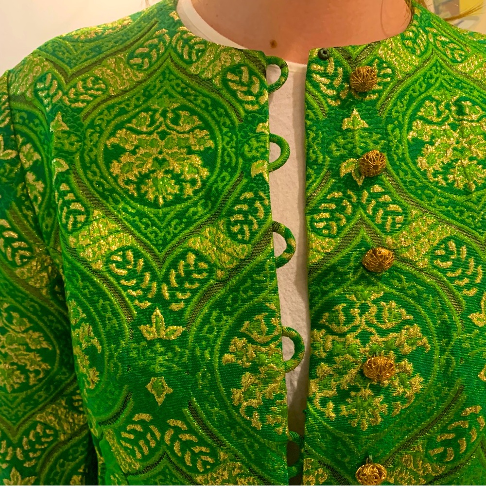 Vintage 60’s Metallic Brocade Green and Gold Jackie O. Coat